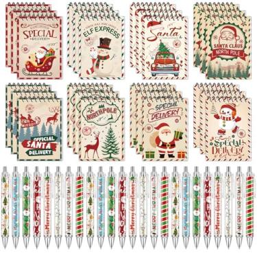 Imagem de 48 peças de mini blocos de notas de Natal com conjunto de canetas, cadernos espirais de Natal, pequeno bloco de notas de Papai Noel, boneco de neve, caderno, canetas esferográficas de Natal para