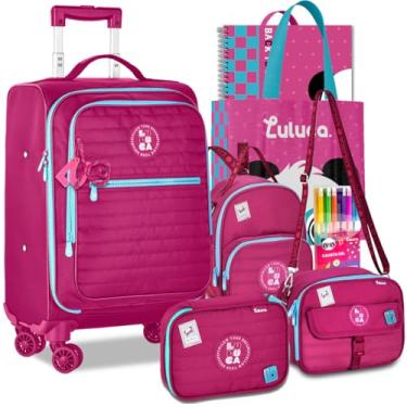 Imagem de Kit Mala Mochila Escolar Luluca Carrinho 360 Lancheira Estojo Rodinhas Resistente Reforçada (Rosa)
