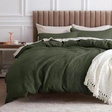 Imagem de Capa de edredon Bedsure Cotton Waffle Weave verde oliva completa