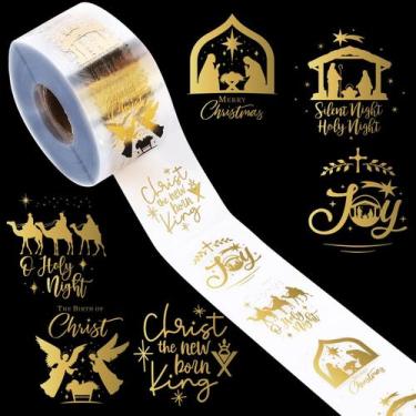 Imagem de Adesivos de Natal Roll AnyDesign 1000 unidades Gold Foil Nativity - Ma