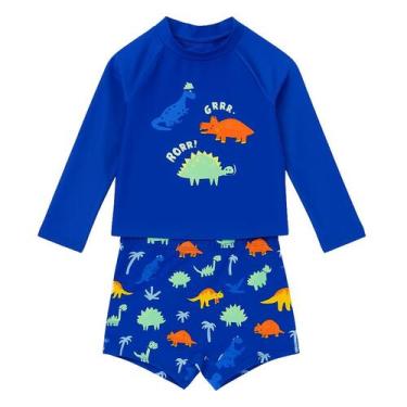 Imagem de Conjunto Verão Moda Praia Infantil Menino Camiseta UV Sunga Boxer Dino