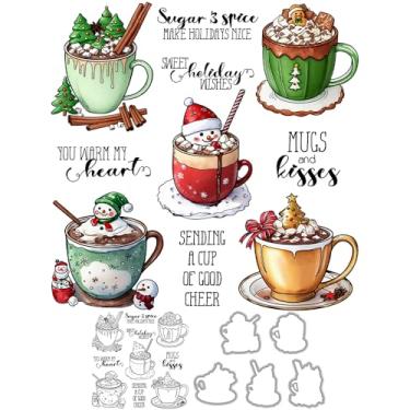 Imagem de YIXUAN Conjunto de bonecos de neve de Natal em canecas de café, carimbo transparente e moldes de corte de metal com sacos de envelope Packahe para fazer cartões, materiais de scrapbook, molde de faca