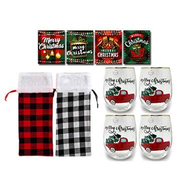 Imagem de Conjunto de taças de vinho sem haste com saco de presente de vinho e 4 etiquetas para garrafa de vinho, taça de vinho sem haste, taças de vinho de Natal, etiquetas de vinho, sacos de vinho, conjunto de taças de vinho (conjunto com 4)