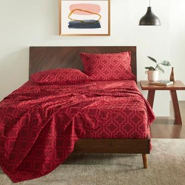 Imagem de Jogo de cama de treliça de algodão escovado de flanela, macio, quente, lençóis geométricos modernos, decoração de quarto, 1 lençol de cima, 1 lençol elástico com bolso profundo, 2 fronhas, Queen