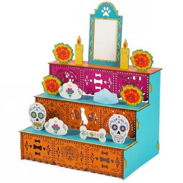 Imagem de Pinkunn Dia De Los Muertos Altar Ofrenda, pintura automática de madeira compensada de álamo, cor de crânio de açúcar, pata e ossos, papel picado, dia dos mortos, suprimentos para decoração Dia De Los