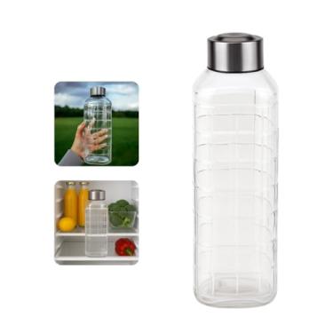 Imagem de Garrafa de Vidro Quadrus com Tampa de Inox, 1000ml, Design Quadriculado, para Água, Suco, Chá, Armazenamento em Geladeira