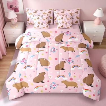 Imagem de Erosebridal Jogo de cama infantil solteiro kawaii, capivara marrom, 7 peças, para crianças, meninos, meninas, animais selvagens, ramos naturais, flores, lençol com edredom