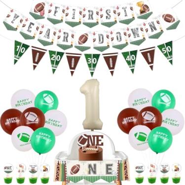 Imagem de Decorações de festa de aniversário de primeiro ano para menino, bandeira de futebol americano primeiro ano guirlanda de cadeira alta banner cupcake toppers balões de látex marrom para futebol 1º