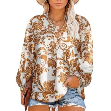 Imagem de Blusa feminina Eytino plus size, lanterna, decote em V, boho 5X, branc