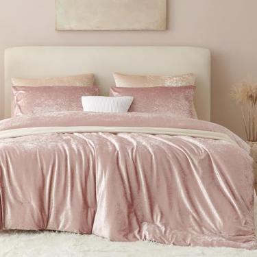 Imagem de Erwinmu Jogo de cama king size rosa, 3 peças, veludo amassado, microfibra escovada, reverso, todas as estações, aconchegante e fofo, conjunto de cama para meninas, edredom brilhante e 2 fronhas