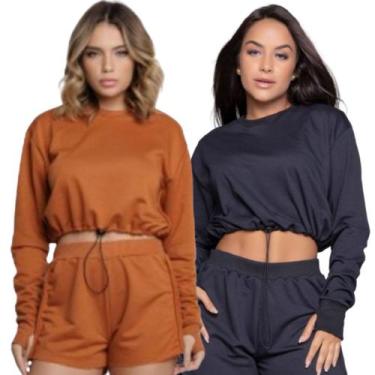 Imagem de KIT 2 Blusa Cropped Manga Longa Com Regulagem Vekyo Gringa Moletinho F