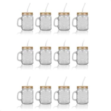 Imagem de Kit 12 Jarrinhas Canecas Retrô Vintage Vidro Tampa de Metal Canudo de Vidro Drink Barzinho Bartender Canudo 480ml