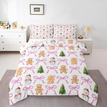 Imagem de Feelyou Conjunto de edredom para crianças, solteiro, com laço rosa, fofo, pão de gengibre, para meninos, meninas, adolescentes, árvore de Natal, boneco de neve, inverno, férias, edredom para decoração