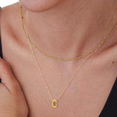 Imagem de Colar com pingente de inicial personalizado com iniciais a-z, corrente de camada dupla, comprimento ajustável de 36 + 40 + 5 cm, minimalista para mulheres, 14+2in/16+2in, Aço inoxidável, Sem Pedra