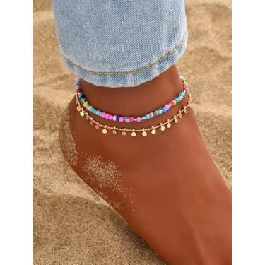Imagem de Tornozeleiras de lantejoulas douradas de camada dupla, boêmia, verão, praia, multicoloridas, contas de vidro, miçangas, tornozeleira, moda, vintage, Havaí, descalço, pulseira, tornozelo na perna