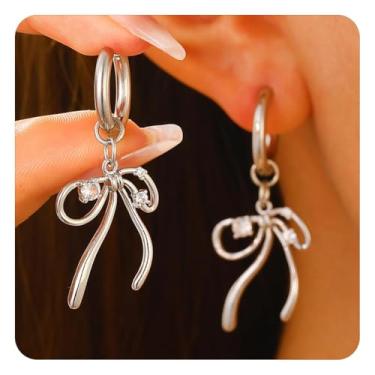 Imagem de Brincos pendentes de laço dourado para mulheres, brincos modernos de fita de strass para casamento, formatura, festa, joias para presentes, One Size, Metal, Sem pedra preciosa