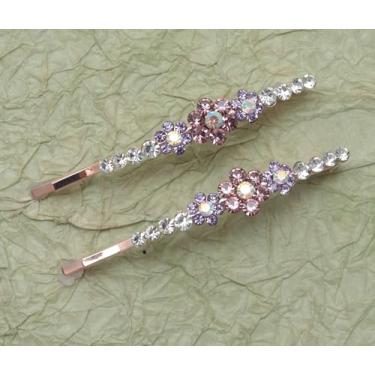 Imagem de 2 peças de broche de strass com flor pequena 5 x 2 cm de cristal de metal bonito acessórios para mulheres, festas, tema de casamento, decoração de cabelo (roxo)