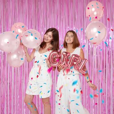 Imagem de Cortinas com franjas de folha rosa, pano de fundo de tinsel metálico, decorações de festa para chá de bebê, decoração de festa de aniversário com tema de bebê, sereia - Pacote com 1