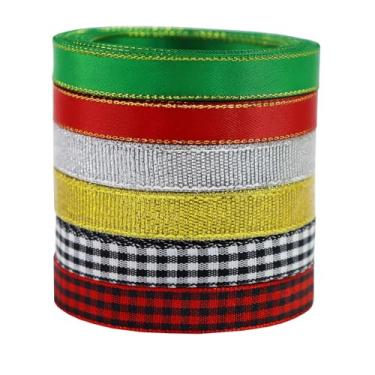 Imagem de YERELO Fita xadrez de Natal de 6 cores, 27 jardas, 9,5 cm x 4,5 m, fita de grade dupla face fina sortida para artesanato, grinalda, embrulho de presente, chá de aniversário P