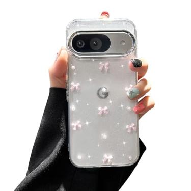 Imagem de EYZUTAK Capa para Google Pixel 7, capa de telefone com laço 3D com glitter fofo e brilhante laço transparente capa protetora fina macia durável TPU transparente para mulheres - laço rosa