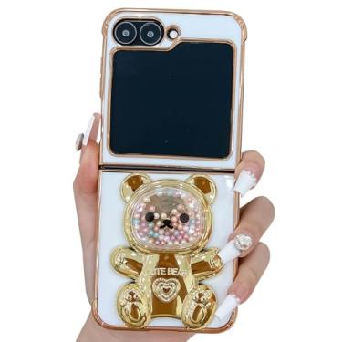 Imagem de Kwhapoo Linda capa com suporte compatível com Samsung Galaxy Z Flip 5/Z Flip 6 de 6,7 polegadas, contas douradas 3D luxuosas, areia movediça, suporte feminino de urso para mulheres, capas macias de
