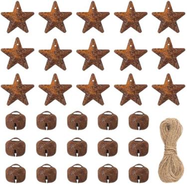 Imagem de GORGECRAFT 40 peças de 2,5 cm estrelas de celeiro de metal enferrujadas estrelas primitivas estanho pingentes dimensionais país cinco pontas acentos com 40 peças de sinos para artes artesanato
