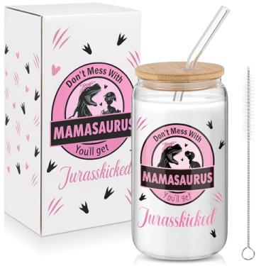 Imagem de Mumufy Presentes para mãe, copo de vidro de 473 ml com tampa de bambu e canudo, copo de caneca de café, presentes de aniversário do dia das mães para mãe, presente legal para mães, esposa, nova mamãe