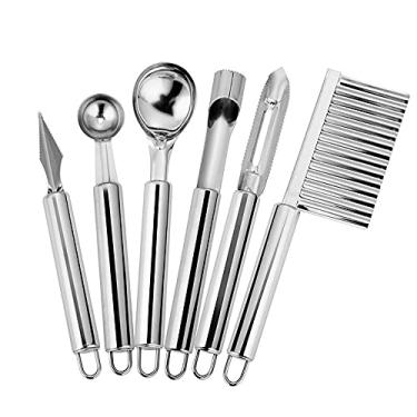Imagem de Conjunto de colheres MelonBaller, conjunto de 6 peças de ferramentas de aço inoxidável, colher de frutas, colher de sorvete, colher de frutas, bomba de núcleo, faca de esculpir, cortador ondulado, descascador duplo