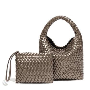 Imagem de Movefad Bolsa feminina de tecido de couro vegano, bolsa de ombro tecida à mão com pequena bolsa feita à mão, grande, de viagem, trançada, de verão, alça superior