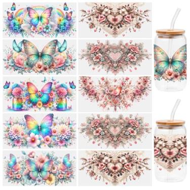 Imagem de 10 folhas de adesivos de transferência UV DTF de flores em forma de coração, para copo de vidro Libbey, decalques à prova d'água, etiqueta adesiva de plástico para decoração de garrafas e copos