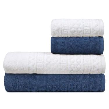Imagem de Toalha de Banho Gigante, Jogo/Kit 4 Toalhas (2 Banho + 2 Rosto) Macia Algodão Luxo Barra Aveludada Alta Absorção(Marinho + Off White)