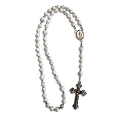 Imagem de Rosarymakersoa, Rosário católico feito à mão com peça central mariana banhada a prata, crucifixo da Santíssima Trindade e pedras de howelite sintéticas foscas de 8 e 10 mm, Zinco, howlita sintética