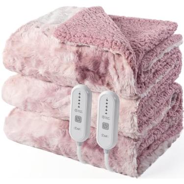 Imagem de Dowin Cobertor elétrico tamanho king, 254 x 228 cm, cobertor aquecido rosa, controles duplos, pele sintética e sherpa, 5 níveis de aquecimento e desligamento automático de 10 horas, proteção contra