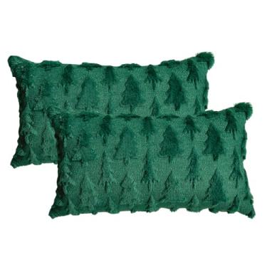 Imagem de AVOIN colorlife Conjunto de 2 capas de almofada verde de árvores de Natal, 30,5 x 50,8 cm de pelúcia macia, jacquard de pele sintética, festivais, decoração de quarto de inverno para sofá