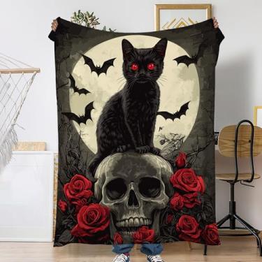 Imagem de Cobertores de sofá de gato preto, cobertor de viagem de lã de flanela para sofá, cama, acampamento, noites de cinema, assistir TV 127 x 152 cm