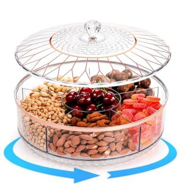 Imagem de AVLA Bandeja giratória para lanches com tampa, pratos de servir divididos de plástico de 29 cm, bandeja redonda para aperitivos, organizador de armazenamento de alimentos com 6 compartimentos para