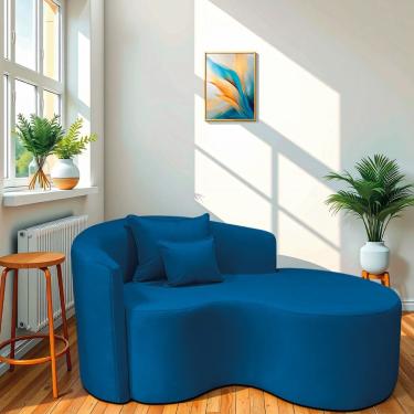 Imagem de Divã Recamier Curvo Sala De Estar Recepção Inglaterra 150cm Lado Direito Linho Cor Azul Royal