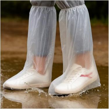 Imagem de 10 pares de capas de sapatos descartáveis à prova d'água para chuva – galochas de plástico para homens – protetor de bota grosso para uso interno e externo – longo - transparente