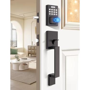 Imagem de Tinewa Fechaduras inteligentes para porta da frente - fechadura de porta de entrada sem chave bronze polido a óleo com alavanca, fechadura de teclado digital eletrônico com impressão digital, controle