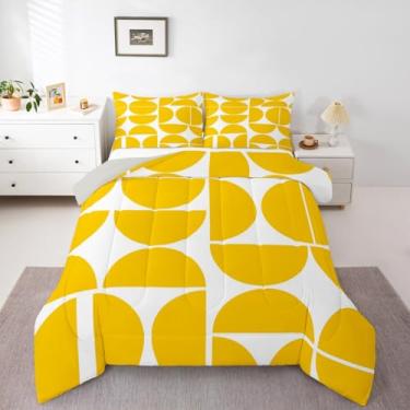 Imagem de Erosebridal Conjunto de cama boêmio retrô amarelo de meados do século, tamanho king, arte moderna colorida, geométrica, para crianças, meninos, meninas, adultos, decoração de quarto abstrata, edredom
