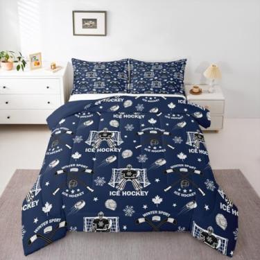 Imagem de Conjunto de edredom de hóquei no gelo, solteiro, esporte europeu azul, para crianças, meninas, meninos, jogos competitivos, trabalho em equipe, decoração de quarto de esportes de inverno