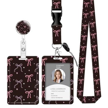 Imagem de Cordão retrátil para crachá de identificação com clipe e chaveiro, ajustável, bonito carretel durável, perfeito para mulheres enfermeiras, professoras, trabalhadoras de escritório (laços rosa)