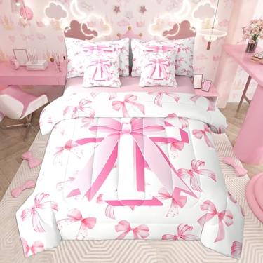 Imagem de jejeloiu Conjunto de edredom com laço rosa fofo com lençol casal monograma, 7 peças, lençol com inicial personalizada em uma bolsa com edredom, lençóis, fronhas, laço coquete, moda moderna