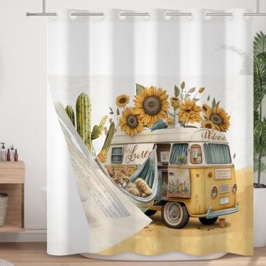Imagem de Velaequezii Cortina de chuveiro sem gancho com forro de encaixe, lindo gato, girassol, ônibus, cortina de banho de camada dupla, tecido lavável à prova d'água com janela superior de malha transparente