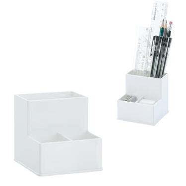 Imagem de Suporte de lápis branco para mesa | Organizador de 3 compartimentos | Porta-lápis quadrado afiado e sem brilho para escritório, sala de reuniões, recepção | Organização e armazenamento de acessórios