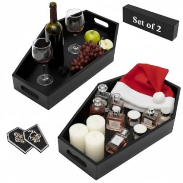 Imagem de Gothelia Conjunto de 2 bandejas de caixão de bambu góticas com 2 porta-copos de caixão, bandejas góticas assustadoras para decoração gótica de Halloween