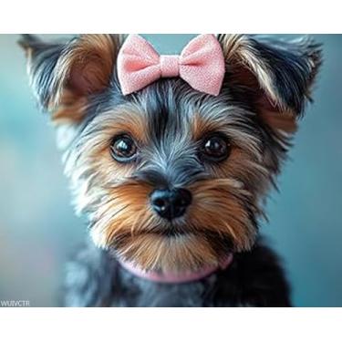 Imagem de Kits DIY Paint by Number para adultos iniciantes, Yorkshire Terrier com um laço na cabeça, kits de pintura por números para adultos, kit de presente de pintura em tela para decoração de parede de casa