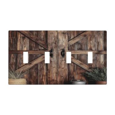 Imagem de VGHOKO Capa decorativa de placa de interruptor com porta de celeiro rústica design vintage de textura de madeira desgastada 4 gangues placa de parede artística exclusiva para interruptor de luz