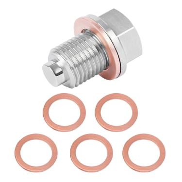 Imagem de HQRNYP Bujão de drenagem de óleo magnético M16x1,5, plugue de drenagem de cárter de óleo, parafuso de porca de drenagem de cárter de aço inoxidável com 5 arruelas de esmagamento de cobre, parafuso de