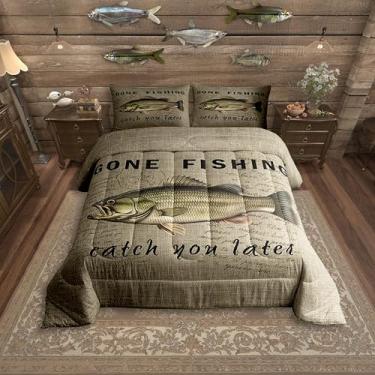 Imagem de Erosebridal Gone Fishing Conjunto de edredom solteiro, retrô, decoração à beira do lago, rústico, lúcio, tema de caça, para crianças, adolescentes, decoração de quarto de fazenda, verde e cinza
